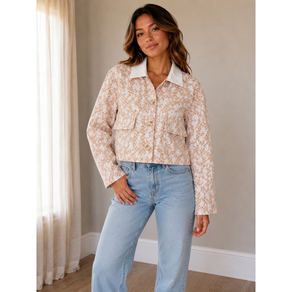 Bagatelle Collection Tan White Jacquard Cropped Button Front Jacket Large NWT